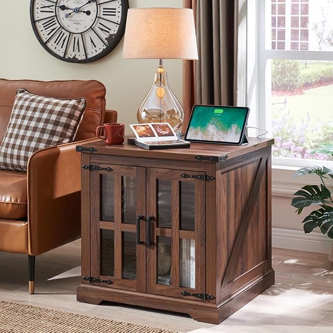 Farmhouse End Table with Charging Station,24" Large Sofa Side Table with Glass Barn Door, Rustic Wood Nightstand Bedside Table with Adjustable Storage Shelf for Living Room, Bedroom, Walnut-Ruum Studio Home