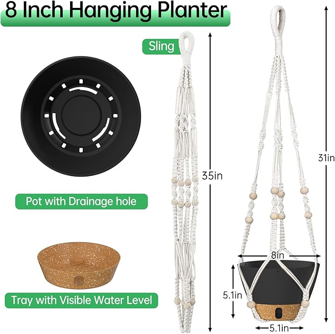ZMTECH 2 Pack 10 Inch Hanging Planters with Macrame Plant Hanger for Indoor and Outdoor Plants, Self Watering, Drainage Hole, Visible Level Tray, Gray-Ruum Studio Home