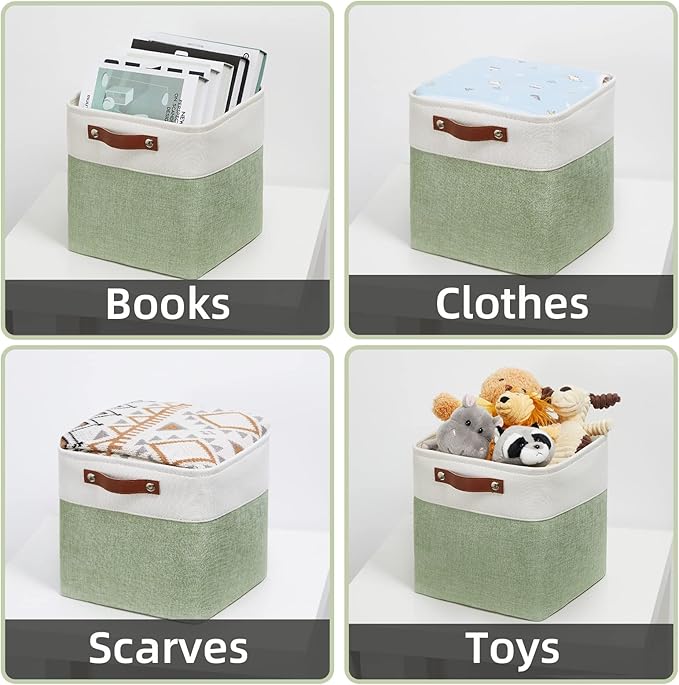 DULLEMELO Storage Baskets for Organizing, Fabric Storage Cubes for Dog Toy Box, 11 Inch Decorative Cube Storage Bins with handle for Baby Gift Basket(4 Pack - 11" White&Green)-Ruum Studio Home