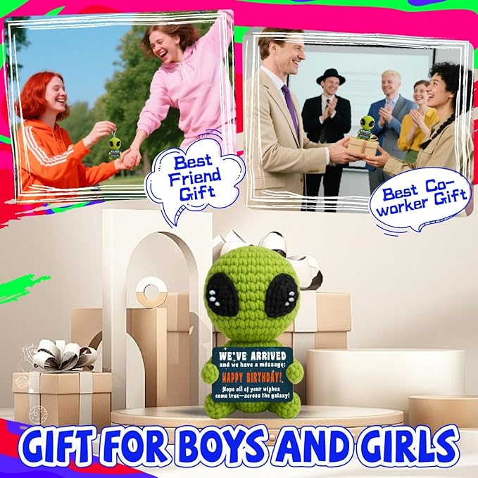 Cute Crochet Alien Plush Toy Unique Birthday Gift for Boys Girls Friends Man Women Handmade Alien Stuffed Animal Funny Space Theme Present for Kids, Teens Sci-Fi Fans-Ruum Studio Home