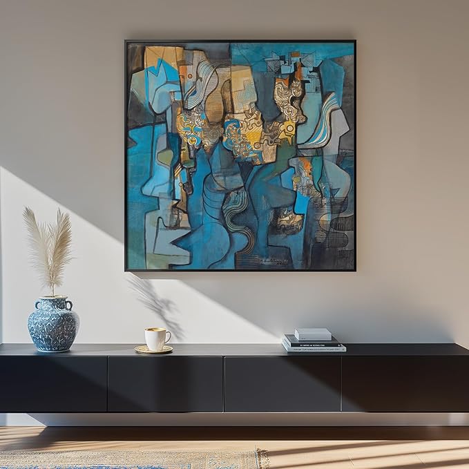 Large Framed Blue Modern Abstract Wall Art for Living Room, Canvas Paintings Artwork for Walls, Minimalist Art Prints Pictures for Hallway Bedroom Office Wall Decor -30x30 Inch-Ruum Studio Home