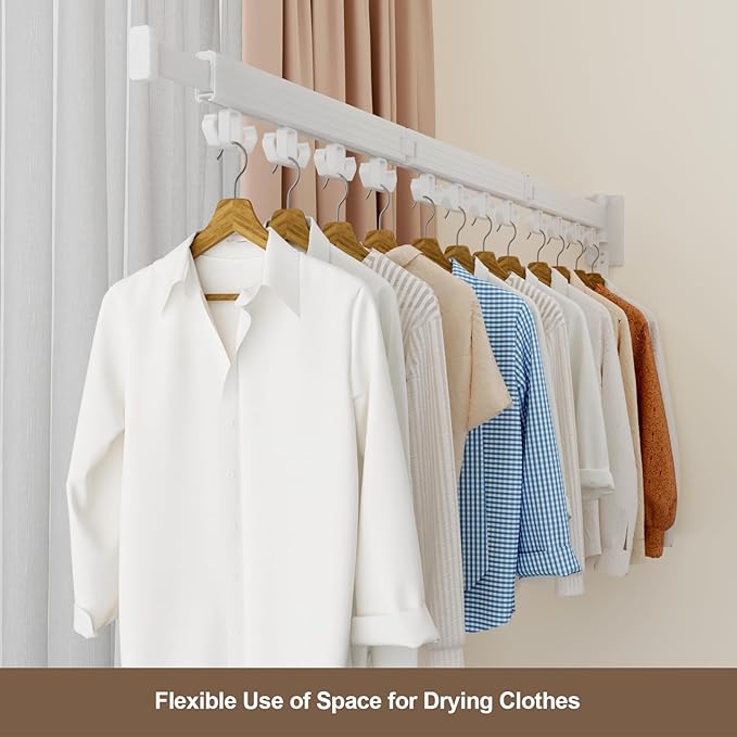 Clothes Drying Rack Wall Mounted, Retractable Drying Racks for Laundry, Foldable Drying Rack With 12 Hooks, Sturdy Tri-Fold Wall Mounted Space Saver for Laundry Room Balcony Bathroom - 49.8", White-Ruum Studio Home