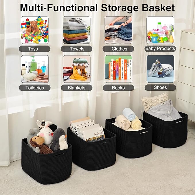 Storage Baskets for Organizing & Shelves, Woven Cotton Rope Organization Bins for Dog Toys, Clothes, Books, Nursery Organizer, 15" Lx11''Wx9.5''H, (4 Packs) Black-Ruum Studio Home