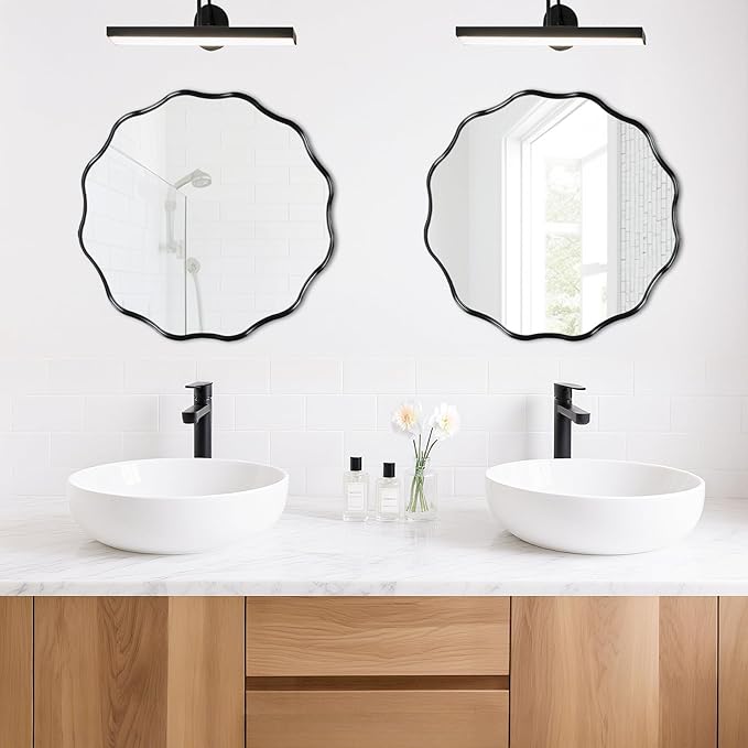 Fabuady Black Round Wavy Edge Mirror - 20'' Circle Wall Mirror with Metal Frame, Decorative Hanging/Leaning Mirrors for Bathroom, Bedroom, Living Room, Hallway, Entryway, Office, Home Decor-Ruum Studio Home