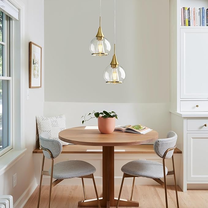 Pendant Light Fixtures Kitchen: 2 Pack Modern Gold Island Light with Clear Glass - 6 Inch Mid Century Globe Kitchen Lighting Chandeliers Ceiling for Foyer Bedroom-Ruum Studio Home