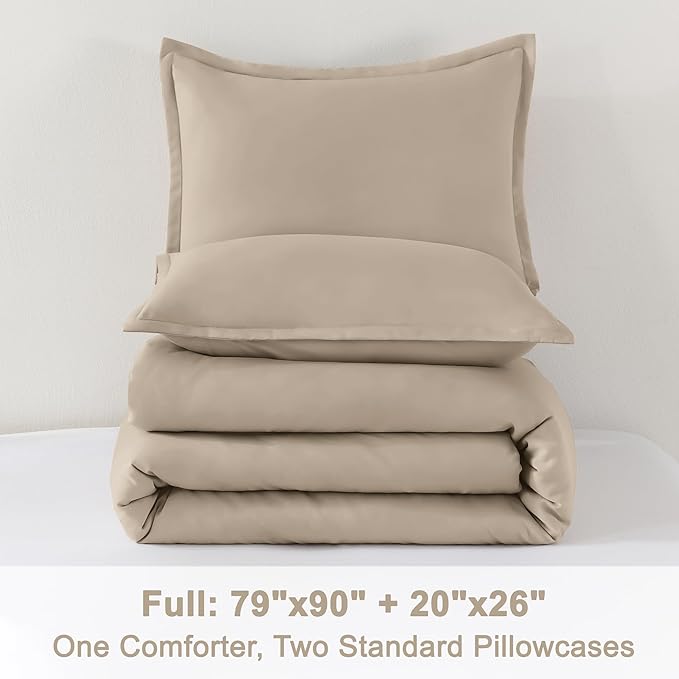 Litanika Khaki Comforter Set Full Size, 3 Pieces Solid Bedding Comforter Set, All Season Down Alternative Bed Set (79x90In Comforter & 2 Pillowcases)-Ruum Studio Home