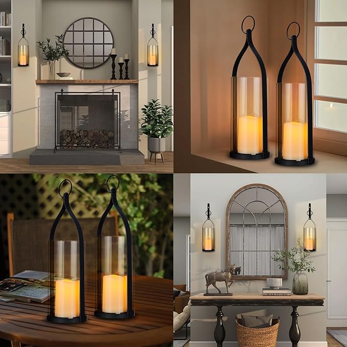 Metal Wall Sconce Candle Lantern Set of 2 - Black Wall Mounted Hanging Holder with Glass & Candles Vintage Wall Decor for Porch, Living Room, Dining Room, Bedroom Indoor Decor-Ruum Studio Home