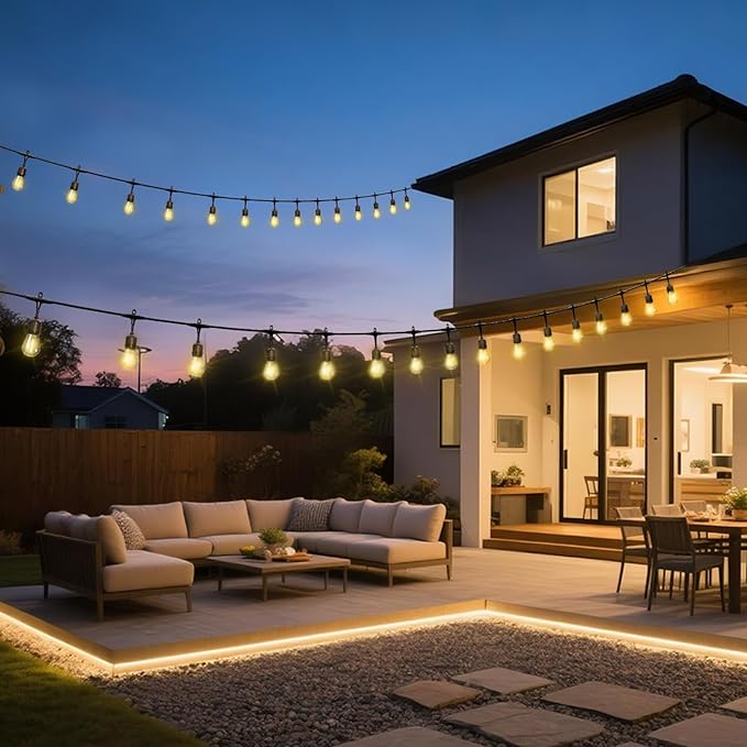 Outdoor Safety String Lights 150FT - 24V 20W Commercial Grade Low Voltage Strand with 60 S14 Shatterproof Bulbs for Tree Garden Yard Cafe Bistro | Warm Yellow 3500K | IP65 Waterproof | UL Listed-Ruum Studio Home