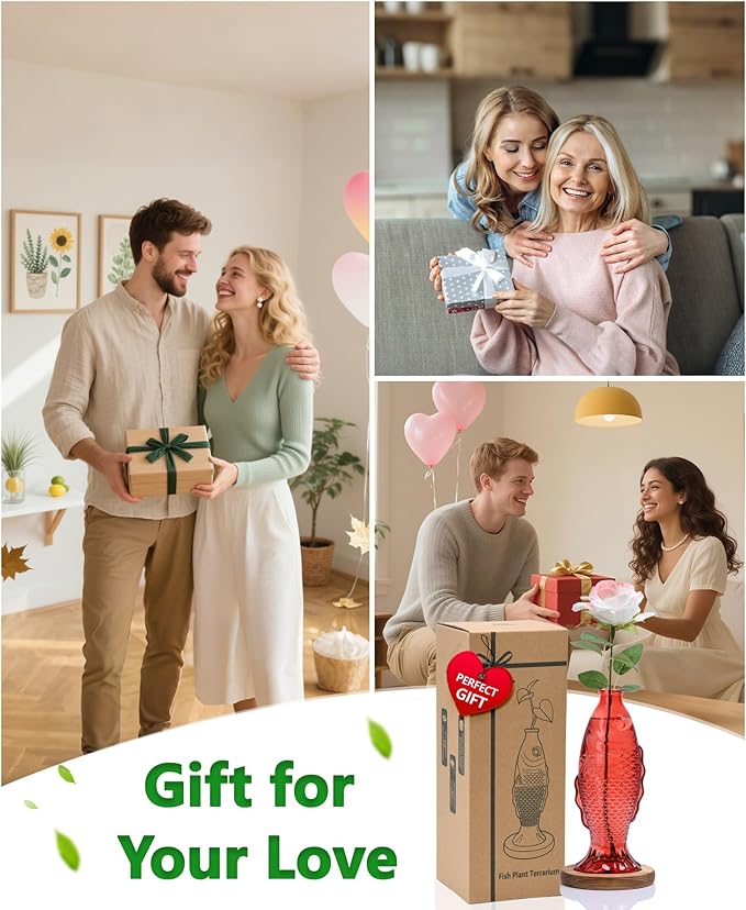 Nacome Fish Vase Glass Plant Terrarium with Wooden Stand,Planter Propagation Station for Home Office Hydroponics Desk Decoration,Unique Gardening Gifts for Plant Lovers Women Mom(Red)-Ruum Studio Home
