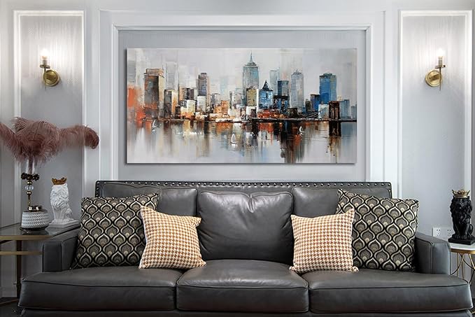 Arjun Brooklyn Bridge Wall Art Modern New York City Abstract Canvas Cityscape Painting Large Size Framed, Colorful NYC Skyline Textured Picture for Living Room Bedroom Home Office Wall Decor, 40"x20"-Ruum Studio Home