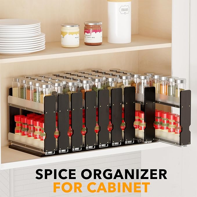 SpaceAid Bamboo Pull Out Spice Rack Organizer for Cabinet, Heavy Duty Slide Out Seasoning Kitchen Pantry Sliding Vertical Organization, 7.6" Wide, 3 Drawers(2" Wide), 2-Tier, Black-Ruum Studio Home