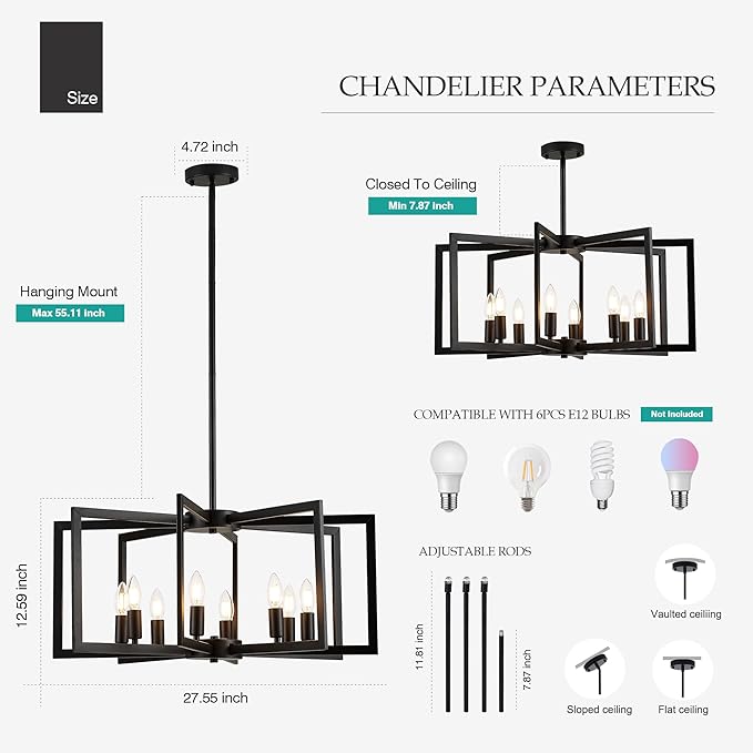 Modern Farmhouse Black Chandeliers for Dining Room, 8-Light Industrial Metal Chandeliers Geometric Pendant Lights Kitchen Island for Entryway Stairway Foyer Hallway-Ruum Studio Home