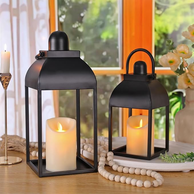 Lanterns Decorative Indoor Outdoor 15" 11" Set of 2 Lantern Decor Black Metal Candle Lanterns with Flameless Candles, Outdoor Lanterns for Porch Patio Wedding Mantle Home Decor-Ruum Studio Home