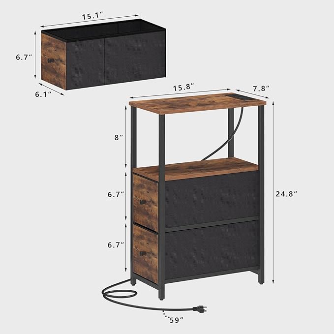 TUTOTAK Small Narrow End Table with Charging Station, Side Table with Outlets, Nightstand with 2 Cloth Drawers, Couch Table, for Living Room, Bedroom, Bedside, Brown TB01BB085