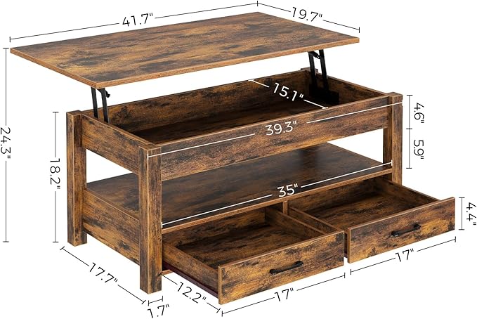 Rolanstar Coffee Table, Lift Top Coffee Table with Drawers and Hidden Compartment, Retro Central Table with Wooden Lift Tabletop, for Living Room,Rustic Brown-Ruum Studio Home