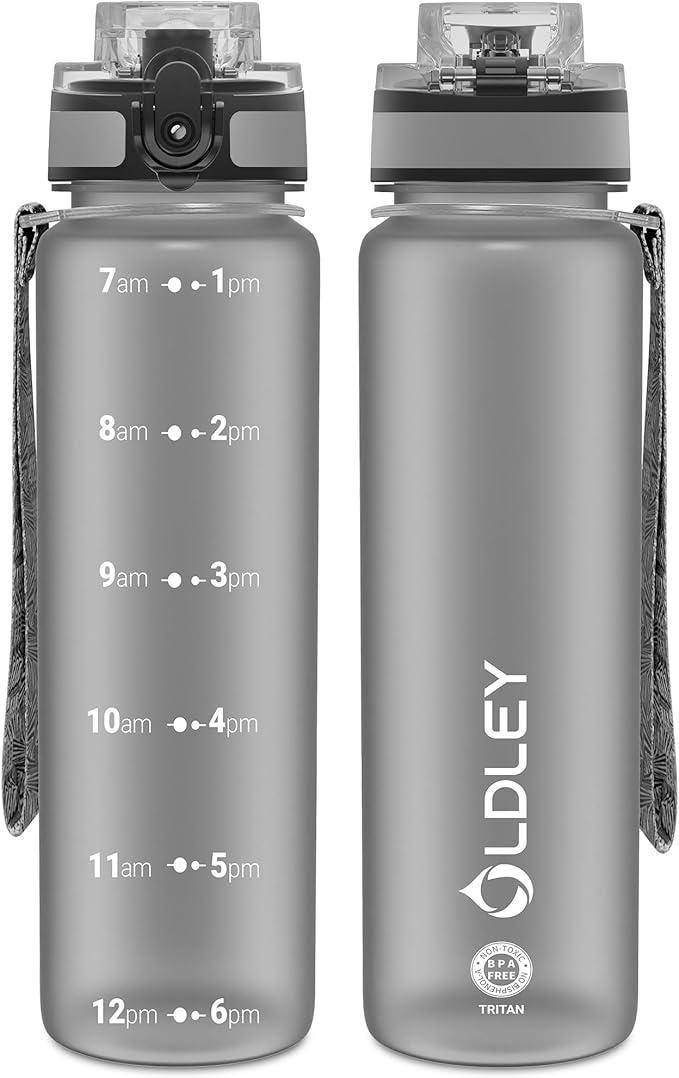 OLDLEY 32 oz Water Bottle, Motivational Water Bottle with Time Marker, Sports Water Bottle With Strap, Leakproof & BPA Free Large Water Bottles for School, Gym, Travel, Outdoor, Tritan,Gray-Ruum Studio Home