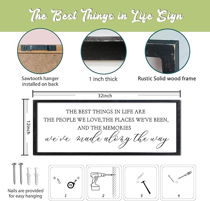 The Best Things in Life Wall Decor Sign 32 x 12 Inch Memories Inspirational Quotes Wood Framed Family Entryway Living Room Home Wall Art for Farmhouse Bedroom Room (Black)-Ruum Studio Home