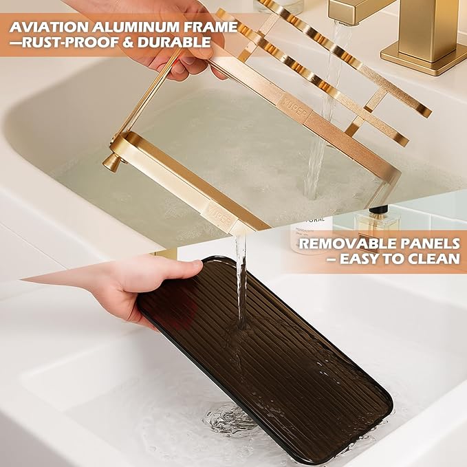 YUPER Bathroom Counter Organizer, 2-Tier Bathroom Organizer Countertop with Toothbrush Holder, Makeup Storage Shelf Vanity Tray Perfume Organizer, Bedroom Kicthen Counter Storage Sink Shelf Gold-Ruum Studio Home