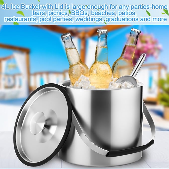 meekoo 4 L Double Wall Insulated Stainless Steel Ice Bucket with Lid, Scoop, Strainer, Handle Large Wine Ice Bucket Upgraded Cover Keep Frozen Longer for Cocktail Bar Parties(Silver)-Ruum Studio Home