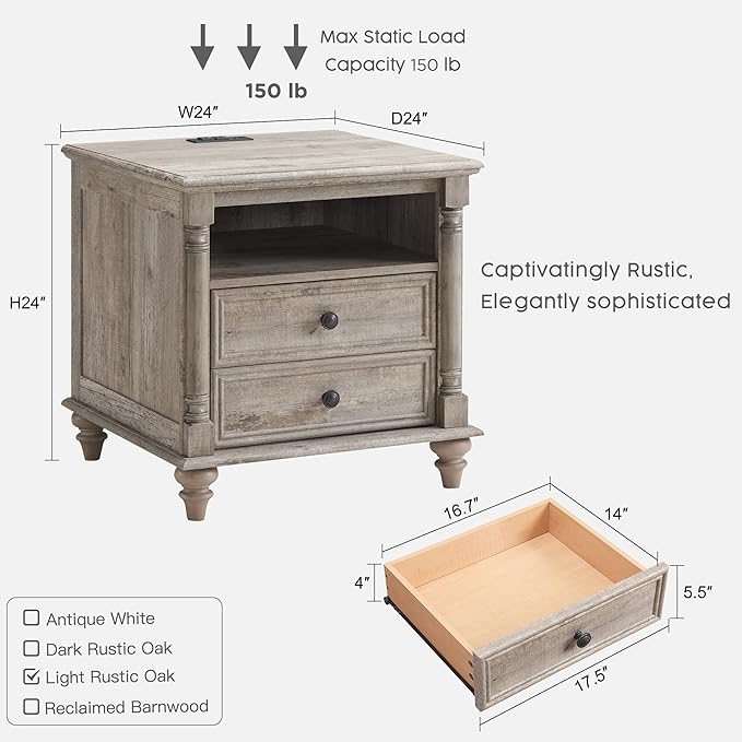 T4TREAM 24'' Farmhouse End Table w/4 Solid Wood Feet, Large 2 Drawers Wide Sofa Side Table with Charging Station, Tall Rustic Wood Square Nightstand for Living Room, Bedroom, Office, Light Rustic Oak-Ruum Studio Home