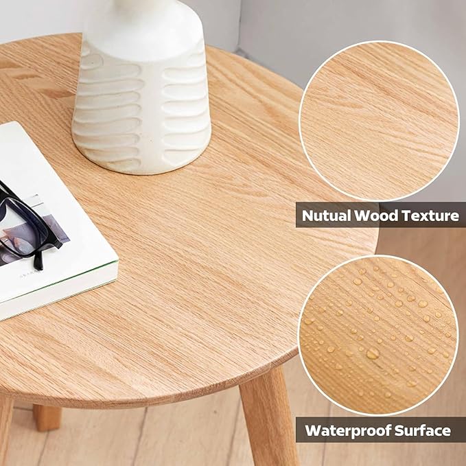 100% Solid Oak Round Side Table, Small Bedside Table for Small Spaces, Living Room End Table with Stable Frame for Bedroom Couch, (Natural, 17.71" D x 19.68" H)-Ruum Studio Home