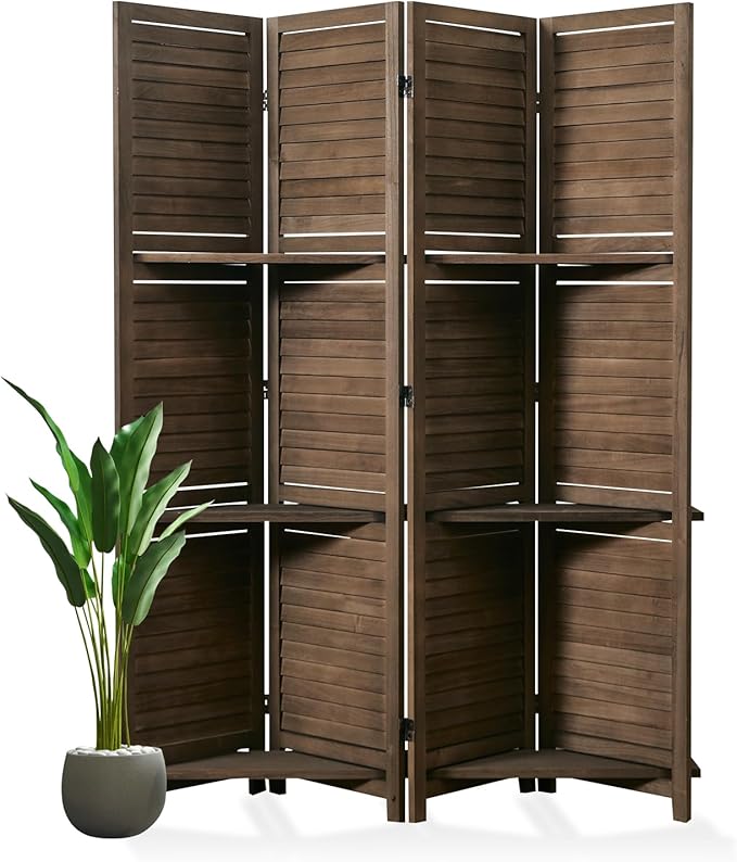 Room Divider with Shelves, 5.6 Ft Tall Folding Wood Screen with Double Hinges for Home Office Bedroom Hotel Decoration (4 Panels, Brown)-Ruum Studio Home