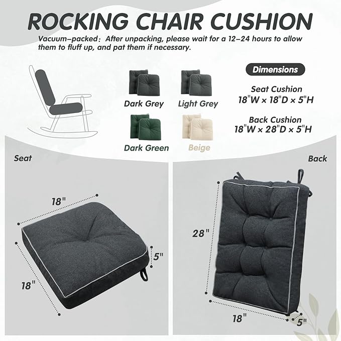 YZ HOME Rocking Chair Cushion, Set of Thicken Seat & Back Chair Cushions with Memory Foam, Non-Slip Chair Pad with Ties for for Indoor&Outdoor Rocker, Dark Grey, 28 * 18 * 5/18x18x5-Ruum Studio Home