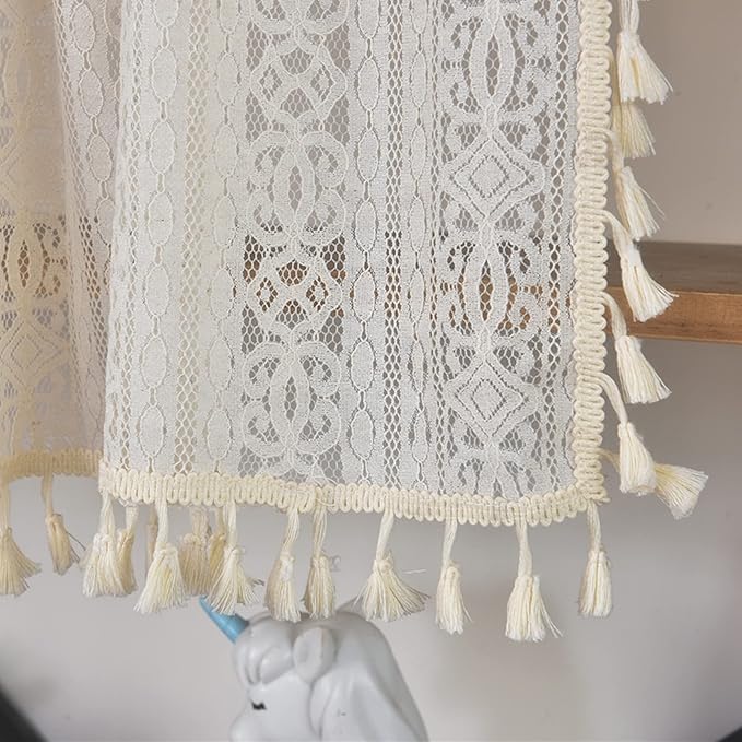 Sutuo Home Boho Sheer Curtain Valance Crochet Lace with Bohemian Hollow Knitted Handmade Tassels, Short Rustic Window Treatment for Kitchen Cafe, Rod Pocket, 1 Panel 59" W x 18" L, Beige-Ruum Studio Home