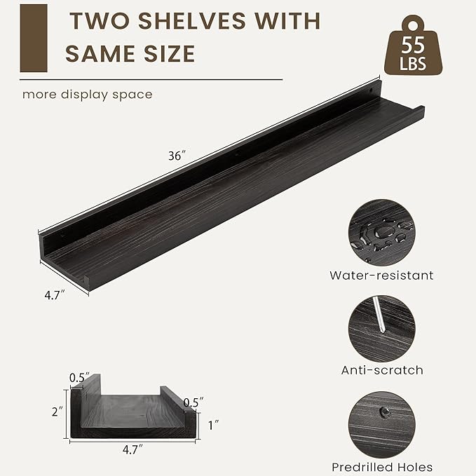 Floating Shelves for Wall, Picture Ledge Shelf 36 Inch Solid Wood Set of 2, Rustic Wall Shelves with Lip, Kids Bookshelf, Photo & Picture Live Edge Floating Shelves for Bedroom, Living Room, Kitchen-Ruum Studio Home