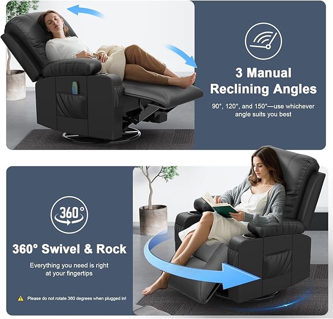 Recliner Chairs with Recliner Side Table End Table for Adults, Massage Rocker, USB Ports, 360 Degree Swivel Single Sofa Seat Living Room-Ruum Studio Home