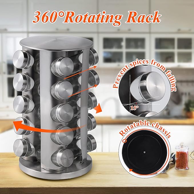 DOUBLE 2 C Revolving Spice Rack with 20 Jars, Rotating Spice Rack Organizer, Seasoning Organizer with Labels, Stainless Steel Spice Carousel for Kitchen Countertop, Cabinet-Ruum Studio Home