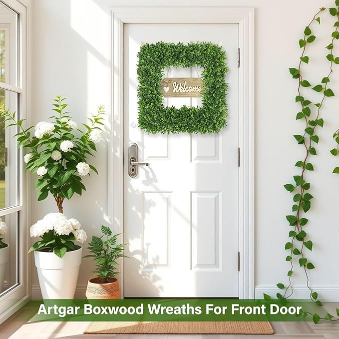 Artgar 20Inch Boxwood Wreath, Spring Wreaths for Front Door, Realistic Green Square Boxwood Wreath for Year-Round Decor, Artificial Summer Wreaths for Wedding Farmhouse Indoor/Outdoor Porch Decor-Ruum Studio Home