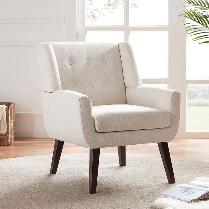 HUIMO Accent Chair Living Room Chair, Upholstered Button Tufted Armchair, Linen Fabric Sofa Chairs for Bedroom, Living Room, Mid-Century Modern Comfy Reading Chair (Beige)-Ruum Studio Home