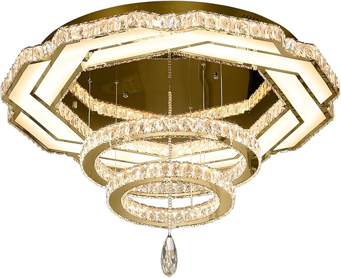 Flashing God Crystal Chandeliers Dia 32" Gold Chandelier Flush Mount Ceiling Light for Bedroom Living Room Dining Room Hallway Dimmable 3 Rings LED Celing Lighting Fixtures-Ruum Studio Home