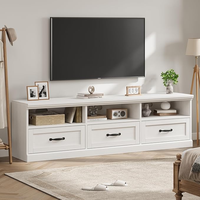 IDEALHOUSE 70in TV Stand for TVs up to 80", Mid Century Modern Entertainment Center with Storage Drawer and Open Shelves, TV Console Media Cabinet for Living Room, Bedroom, Antique White-Ruum Studio Home