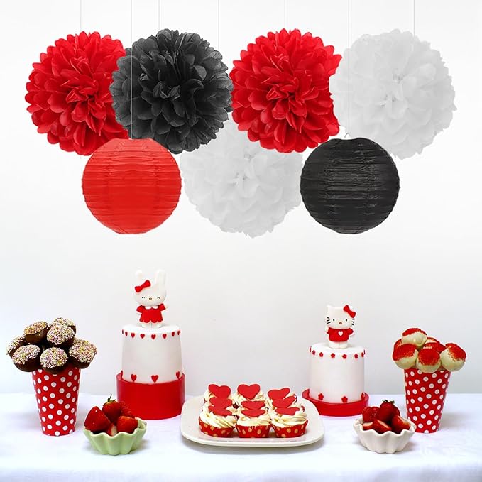 Red-Black White Party-Decorations Paper Flowers Lanterns - 15PCS Halloween Birthday Tissue Pom Poms Streamers,Wedding Baby Bridal Shower Hanging Supplies Decor Hugfond-Ruum Studio Home