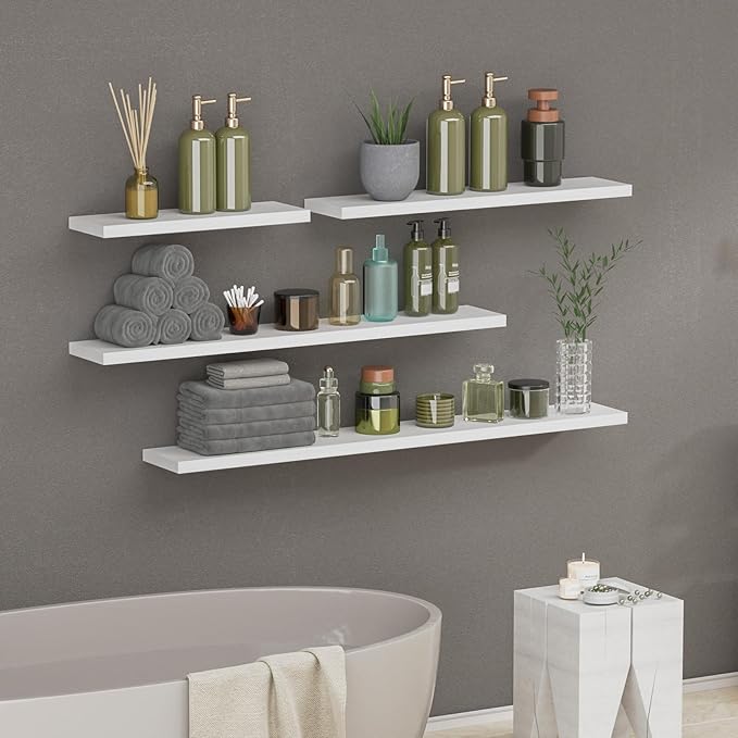 SAUMONIERES Floating Shelves 8 Inch Deep Solid Wood Wide Wall Shelf Set of 1 Wall Mounted for Bedroom Bathroom Living Room Kitchen, 55 Inch White-Ruum Studio Home