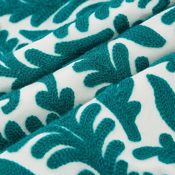 HWY 50 Teal Decorative Throw Pillow Covers 18x18 Inch (1 Piece), Embroidered Cotton Farmhouse Cushion Cover Pillow Case for Sofa Couch Living Room Bed Bedroon, Floral Branches-Ruum Studio Home