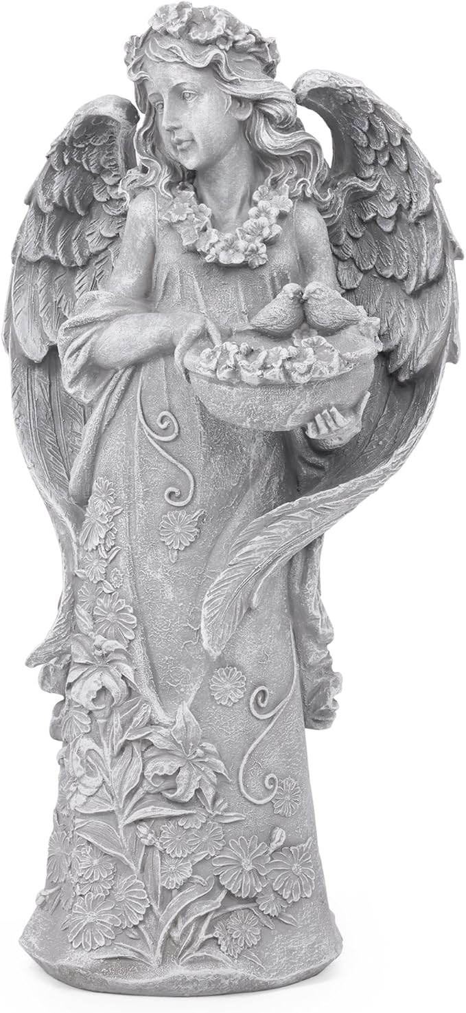 Outdoor Statues Angel Décor Garden Statue- 23.5" H Angel Statue,Resin Angel with Bird Figurine, Ideal for Yard, Patio, Deck, Home Entryway, and Hallway（Grey）-Ruum Studio Home