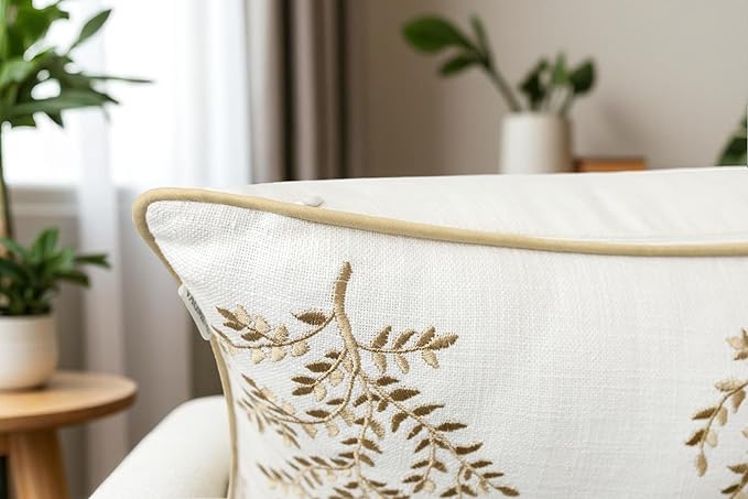 VAGMINE Embroidered Leaves Throw Pillow Cover - 20x20 Inches Square - 100% Cotton Ivory Cushion Cover - Delicate Leaf Stitchwork - Chic Home Accent for Sofa, Lounge, Rustic Farmhouse Décor-Ruum Studio Home