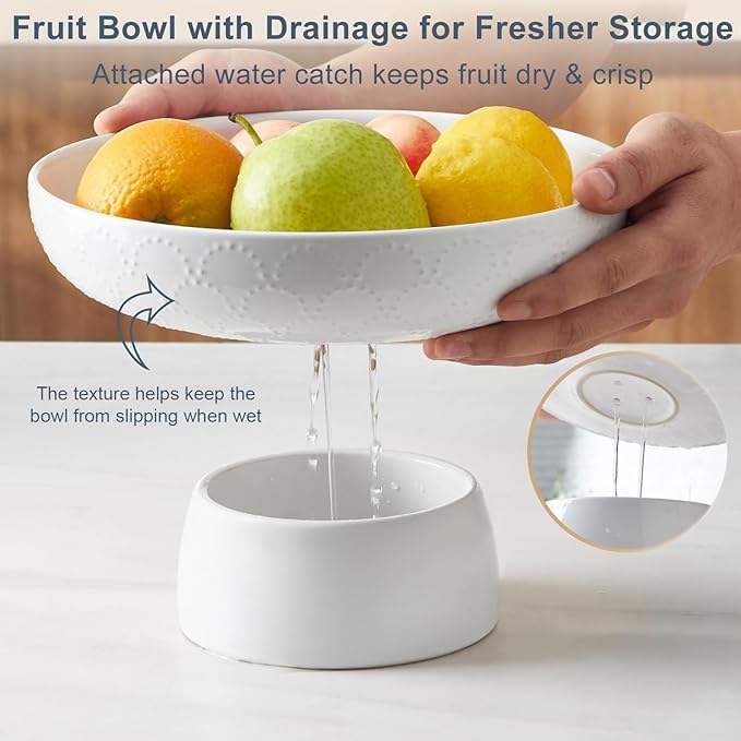 ONEMORE Ceramic Fruit Bowl, 10" Large White Removable Pedestal Bowl for Kitchen Counter, Modern Footed Fruit Bowl with Draining Holes, Decorative Fruit Bowls for Vegetables, Snacks, Candies-Ruum Studio Home