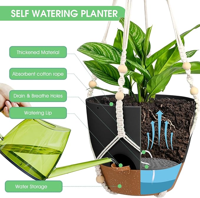 Hanging Planters for Indoor Outdoor Plants, 2 Pack Self Watering Hanging Pot with Drainage Holes, Removable Tray & 2 Kinds of Plant Hangers, 10'' Hanging Flower Pots for Home Garden Decor, Black-Ruum Studio Home