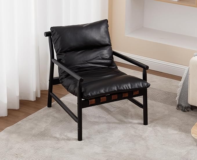Kmax Modern Sling Accent Chairs Set of 2 Upholstered PU Leather Living Room Chairs Solid Wood Frame Arm Chairs Comfy Lounge Chairsfor Bedroom, Reading Room, Black-Ruum Studio Home