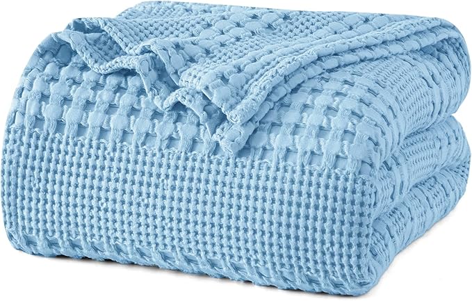 PHF 100% Cotton Waffle Weave Blanket Queen Size, Soft Lightweight Breathable Cozy Summer Blankets for Bed, Luxury Aesthetic Woven Bedding for Home Decor, 90"x90", Sky Blue-Ruum Studio Home