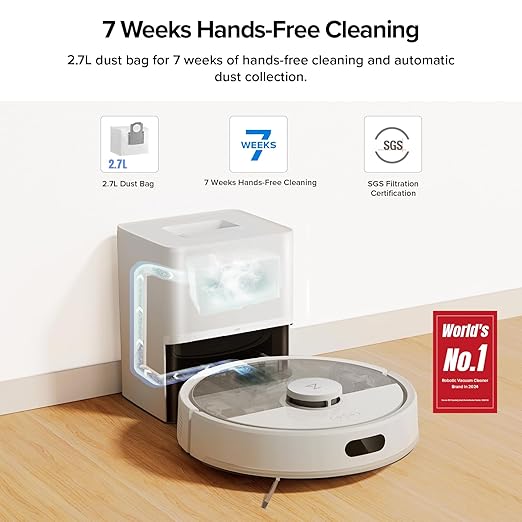 roborock Q7 M5+ Robot Vacuum and Mop, Upgraded from Q5 Max+, 7 Weeks Self-Emptying, 10000Pa Suction, Dual Anti-Tangle System, for Pet Hair & Carpet, PreciSense LiDAR Navigation, App Control, White-Ruum Studio Home