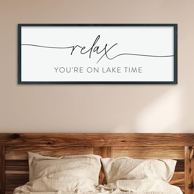 Relax You're On Lake Time Sign Wall Decor 40"×15" Lake House Bedroom Large Wood Framed Hanging Wall Art (Black)-Ruum Studio Home