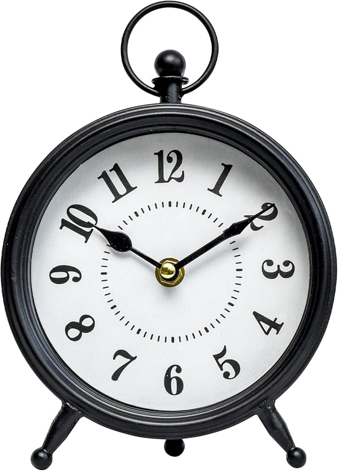 Vintage Non-Ticking Black Table Clock with Stand, Decorative Clock for Desk and Shelf, Rustic Farmhouse Style Mantel Timepiece-Ruum Studio Home