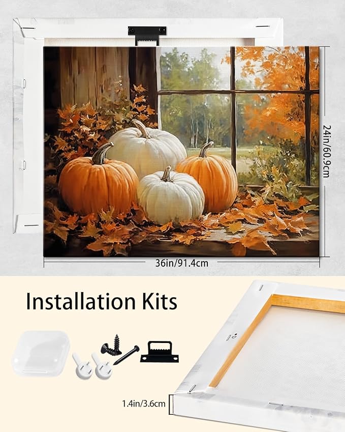 Vintage Pumpkin Window Fall Wall Art Decor, Farmhouse Barn Canvas Print with Autumn Harvest Theme, Framed Thanksgiving Decorations for Country Home, Ready to Hang-Ruum Studio Home
