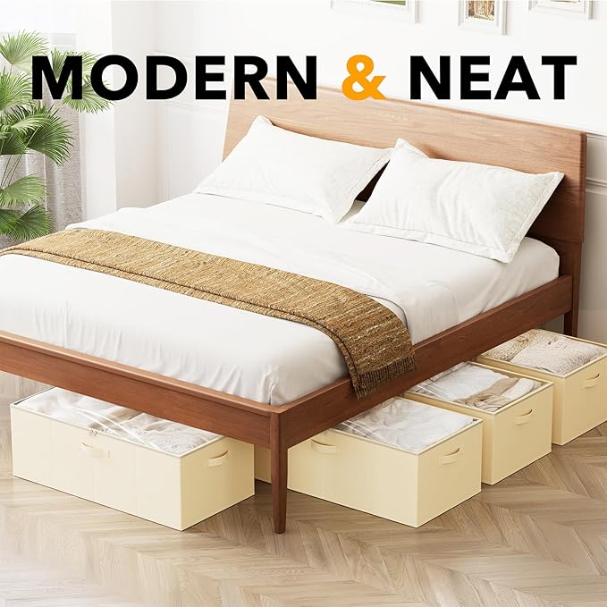 SpaceAid 4 Pack 10" High Under Bed Storage Containers, Large Underbed Storage Organizer Bins with Lids for Bedroom, Dorm, Clothes, Closet Organization, Bed Sheets and Blankets (Beige)-Ruum Studio Home