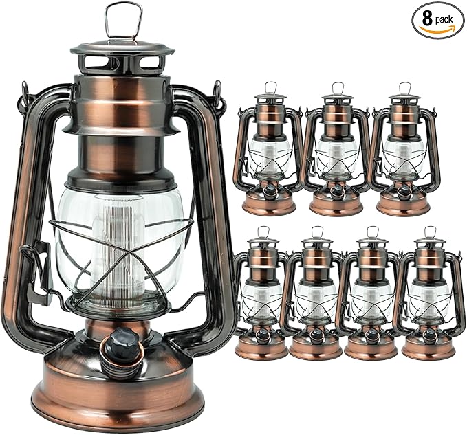 YAKii LED Vintage Lantern Metal Hanging Hurricane 12 LED Dimmer Switch Cold White Battery Operated Lantern Power Outage Indoor Camping Lighting Outdoor Brooklyn Decoration(Copper Pack of 8)-Ruum Studio Home